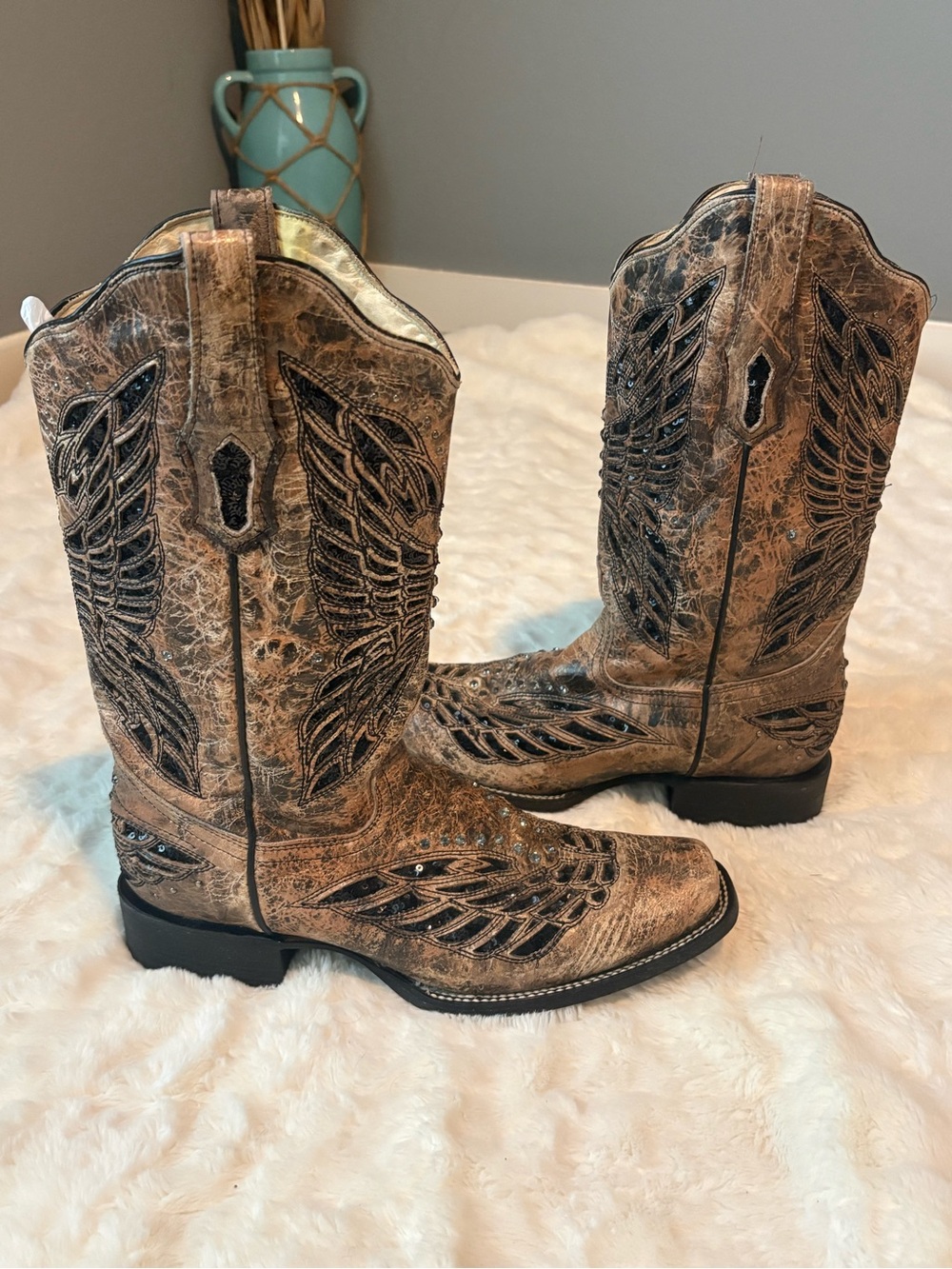 Corral R1226 Bronze Black Sequin Butterfly Square Toe Cowboy Boots Women's 9.5